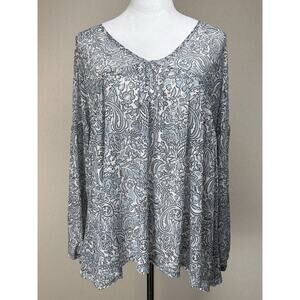 Day Trip BKE BLUE WHITE FLORAL BABYDOLL TUNIC PEASANT TOP BLOUSE Long Sleeve NWT